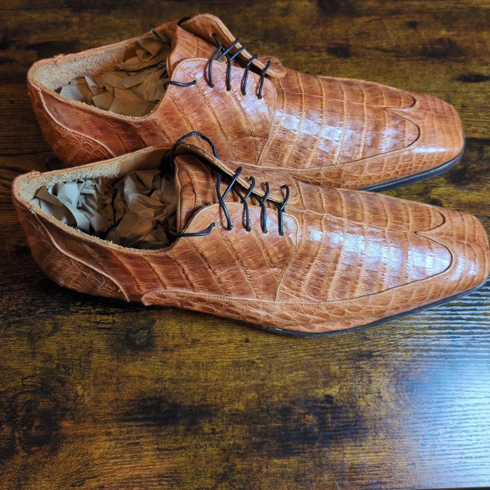 DU Mauri Cognac Alligator Skin Textured Leather Made in Italy Shoes Topy Sole